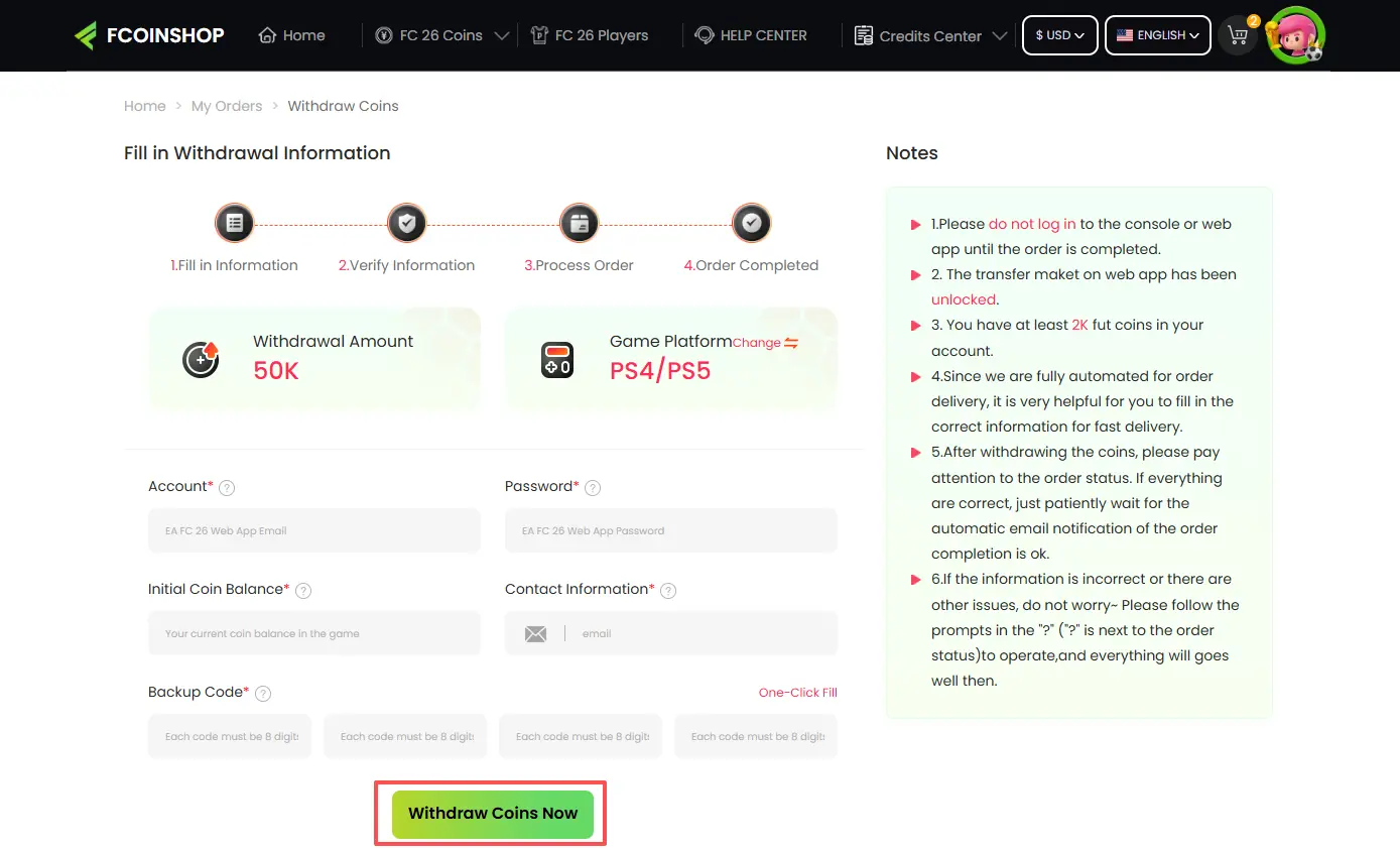 Formular zum Einreichen von Spielkonto und Backup-Code für die Lieferung.