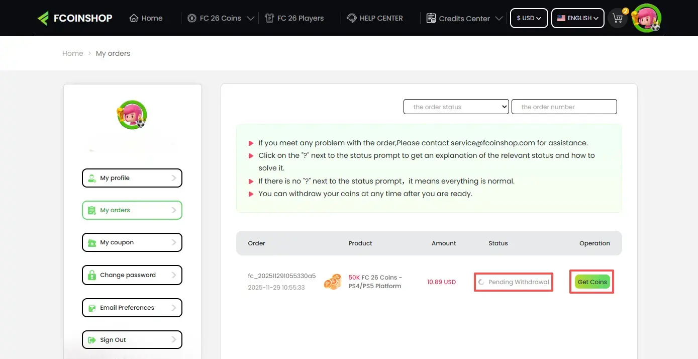 Bestellverfolgungsseite mit Status und Lieferfortschritt.