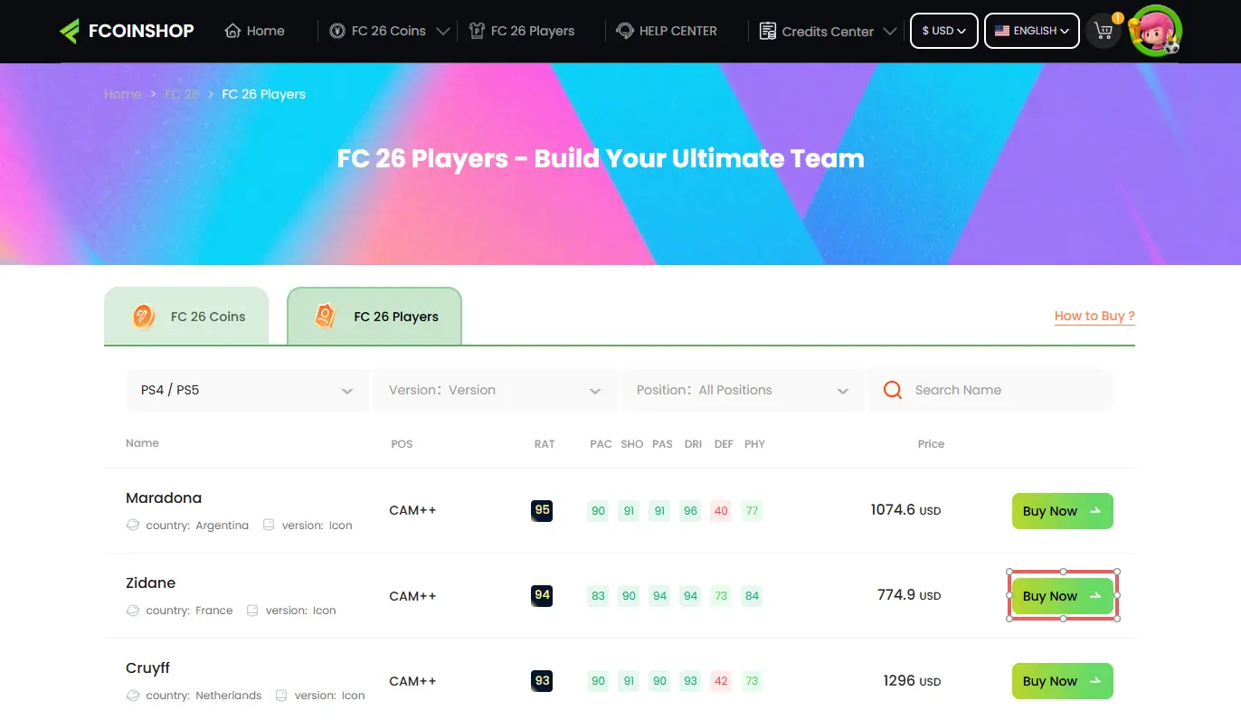 Seite zur Auswahl des FC 26 Münzpakets mit verfügbaren Mengen.